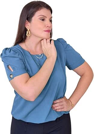Blusa Social Feminina Manga Curta Bufante Camisa com Botão Alfaitaria do M ao GG Elegante