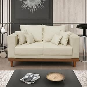 Sofá Living 2 Lugares Suede Resistente Madeira + Almofadas Bege