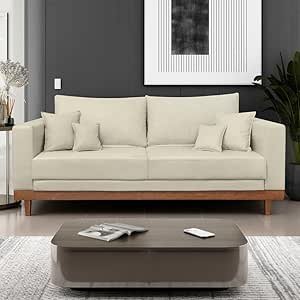 Sofá Living 3 Lugares Suede Resistente Madeira + Almofadas Bege