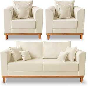 Kit Sofá 3 Lugares e Poltronas Sala de Estar Beny Suede Bege Madeira Prima Deccor