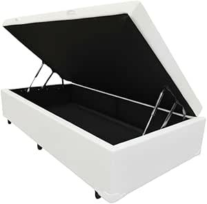 Cama Box Baú Solteiro, Blindado, Pistão a Gás. Pés de Madeira (Corino, Branco)
