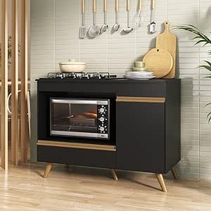 Balcão para Cooktop e Forno 105cm 1 Porta 1 Gaveta Veneza Multimóveis Mp2258 Preto/dourado